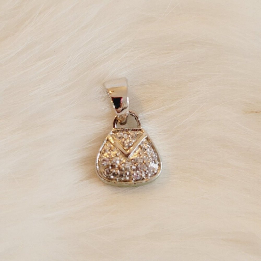 Elegant MX Signed Purse Rhinestone Inlay Pendant Charm Silver Tone Metal 11229